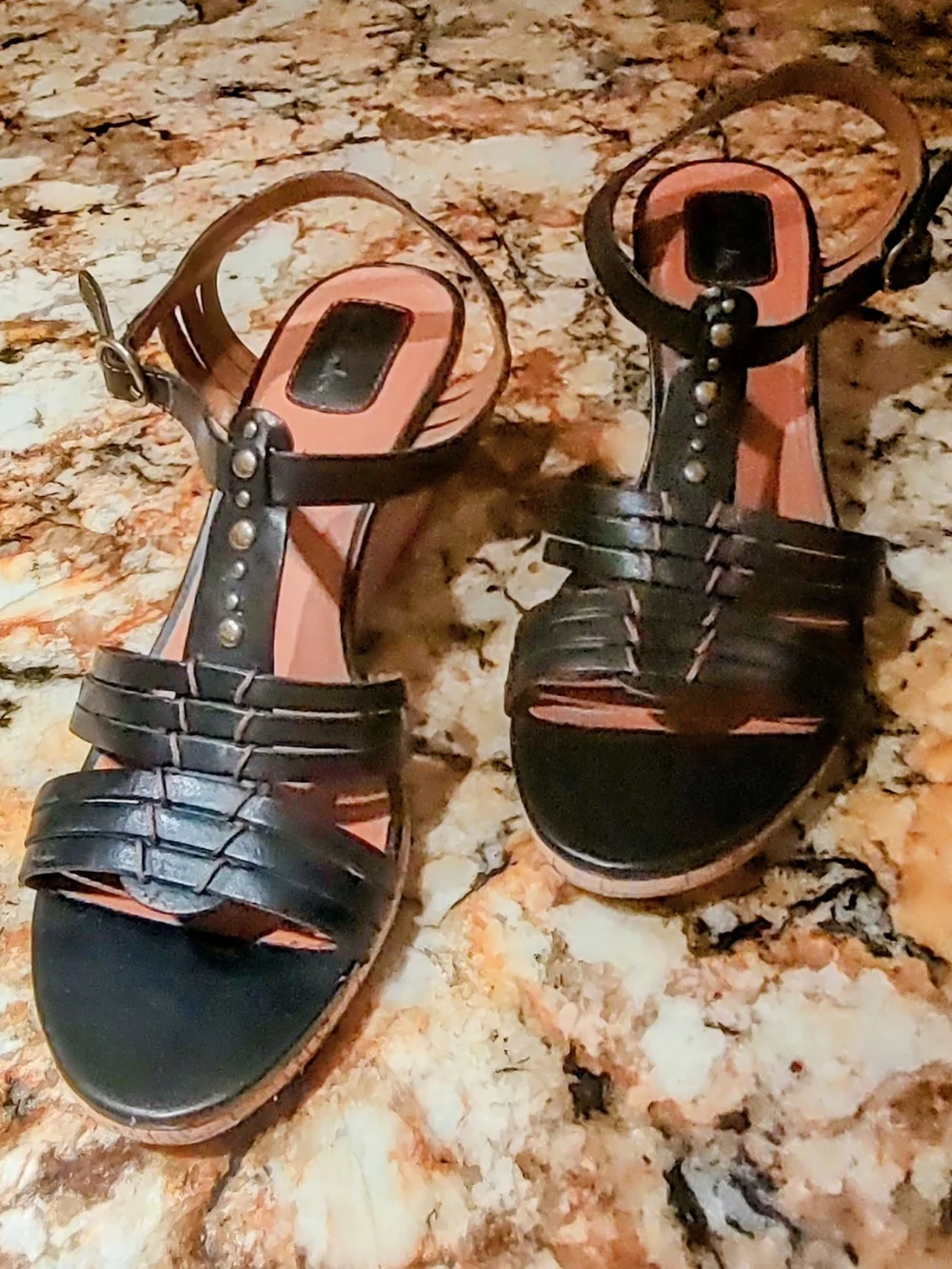 Clarks Black Leather Strappy Wedge Sandals